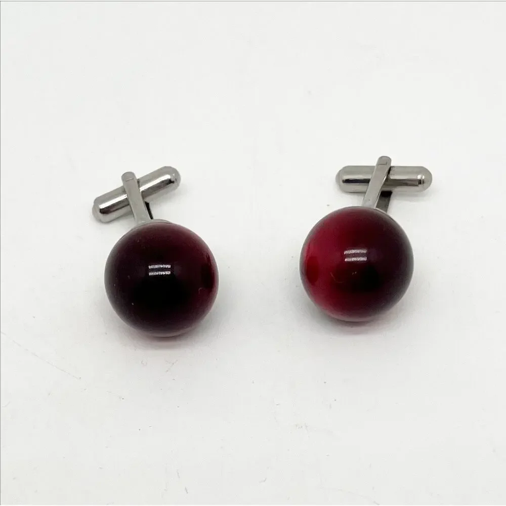 Lot of 2 Vintage Pairs of Glass Cuff Links Silver Tone Blue And Red/Brown